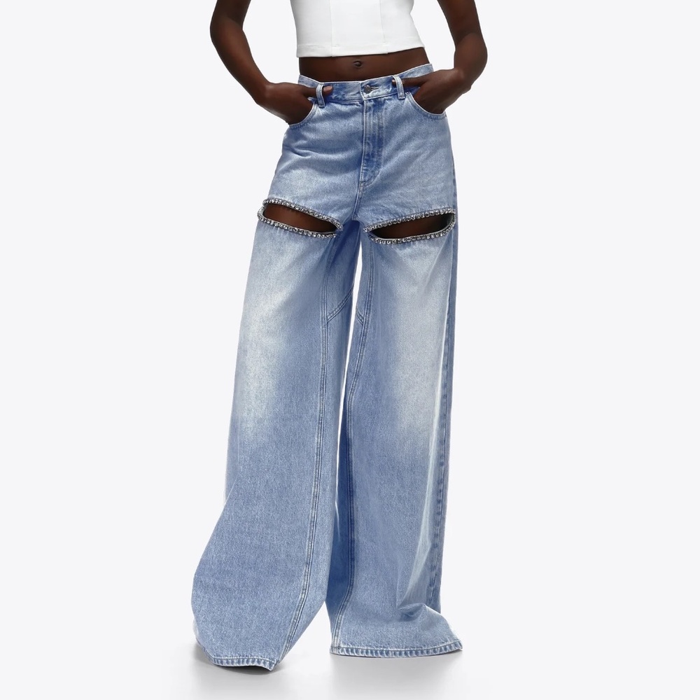 AREA Taylor Swift Blue Wash Jeans Pants WIDE LEG CRYSTAL SLIT JEAN Trim NWOT